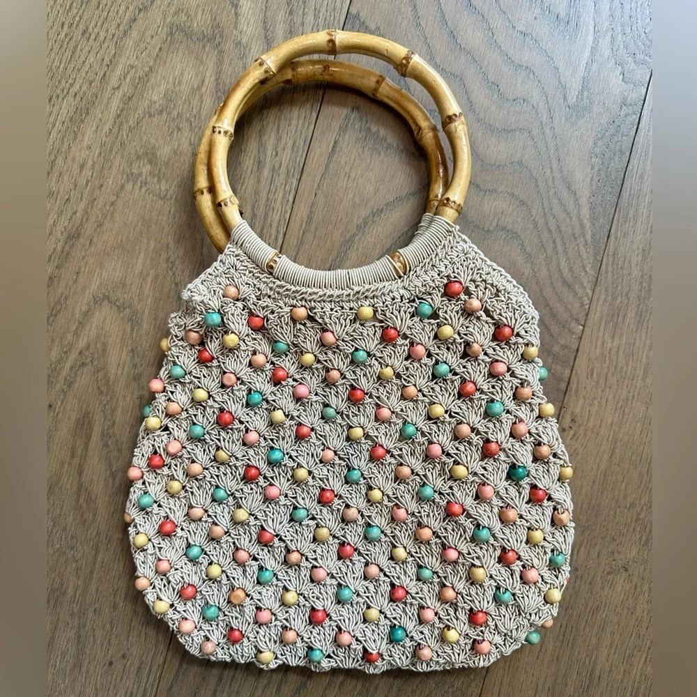 Roxy Beaded Crochet/Macrame‎ Handbag with Bamboo Handle